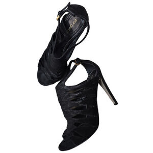 Sergio Rossi Caged Open Toe Sandal Bootie Heels Black Leather Designer 37